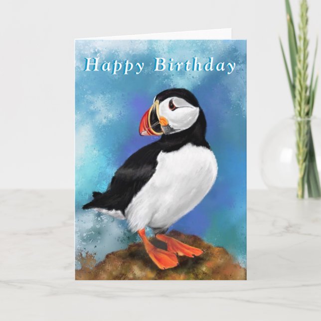 Feliz Cartão de Aniversário com Pássaro de Puffin  (Frente)