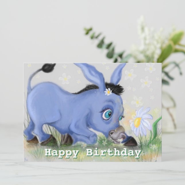 Feliz Cartão de Aniversário com Pequeno Donkey e D (Em pé/Frente)