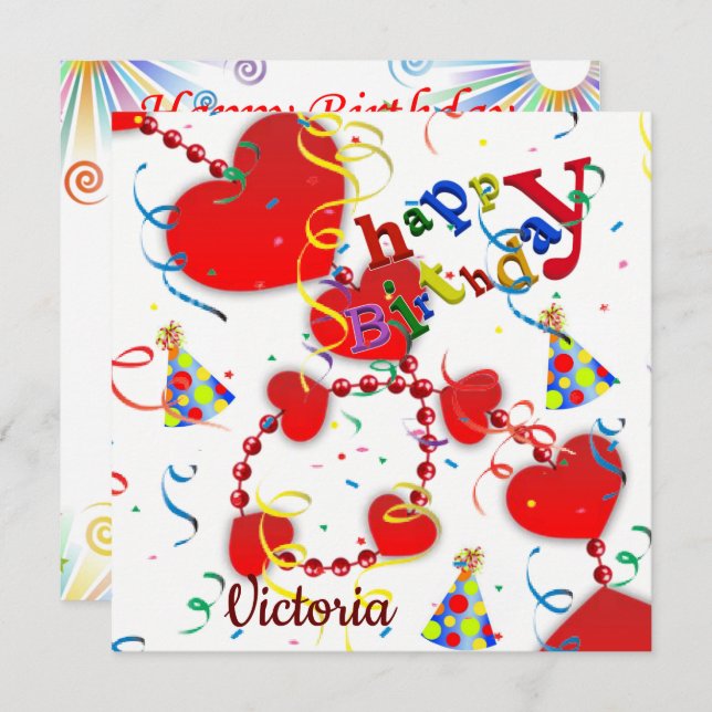 Feliz Cartão de Aniversário Convite Corações Verme (Frente/Verso)