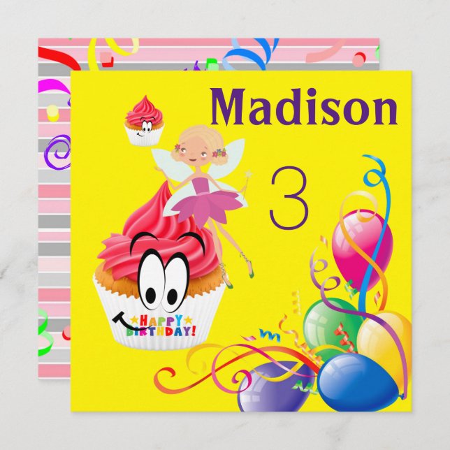 Feliz Cartão de Aniversário Convite Stripe Fairy C (Frente/Verso)