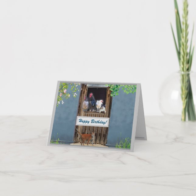 Feliz cartão de aniversário - Gatos e galinhas (Frente)