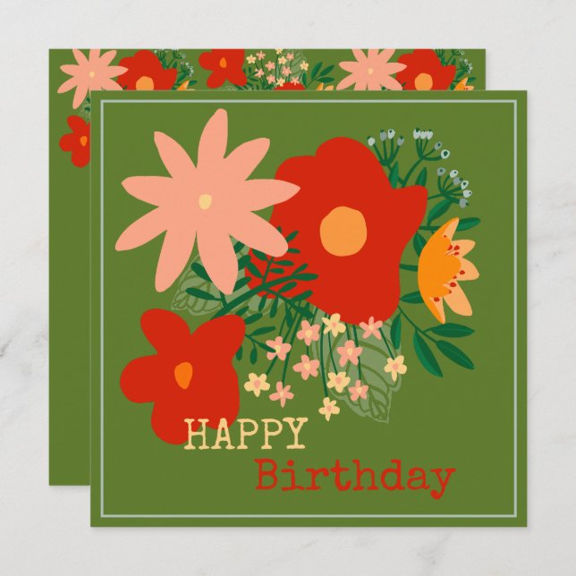 FELIZ Cartão de Aniversário verde-flor original (Frente/Verso)