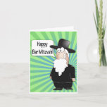 Feliz cartão de Bar Mitzvah - Rabino Engraçado<br><div class="desc">Esta saudação ao Bar Mitzvah apresenta um divertido rabino de desenho animado desejando um feliz bar mitzvah. No verso há um bom humor judeu. O rabino está vestido com roupas e chapéus judeus ortodoxos formais. Ele tem uma barba branca longa e Peyes Sidecurls, vestidos por alguns judeus religiosos. De acordo...</div>