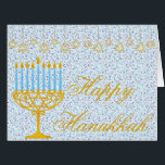 FELIZ Cartão de Saudação PERSONALIZÁVEL HANUKKAH<br><div class="desc">Cartão de Cartões de natal HANNUKAH FELIZ com Estrelas de David, Menorah e Hebraica Letters - Inegável estilo clássico, este Cartão Hanukkah único é perfeito para trazer sorriso nos rostos de seus amigos e familiares durante a temporada de Férias !!! Este é um belo cartão de saudação Hanukkah que tem...</div>