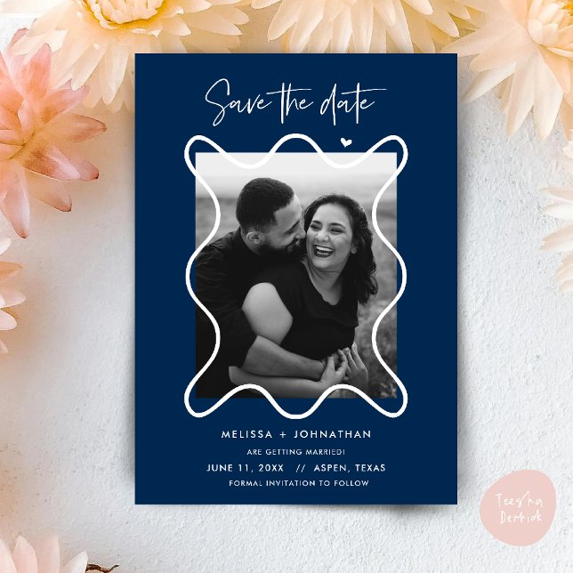 Feliz Casal Salve a data do anúncio do casamento (Happy Couple Save the date wedding announcement whimsical in navy blue)