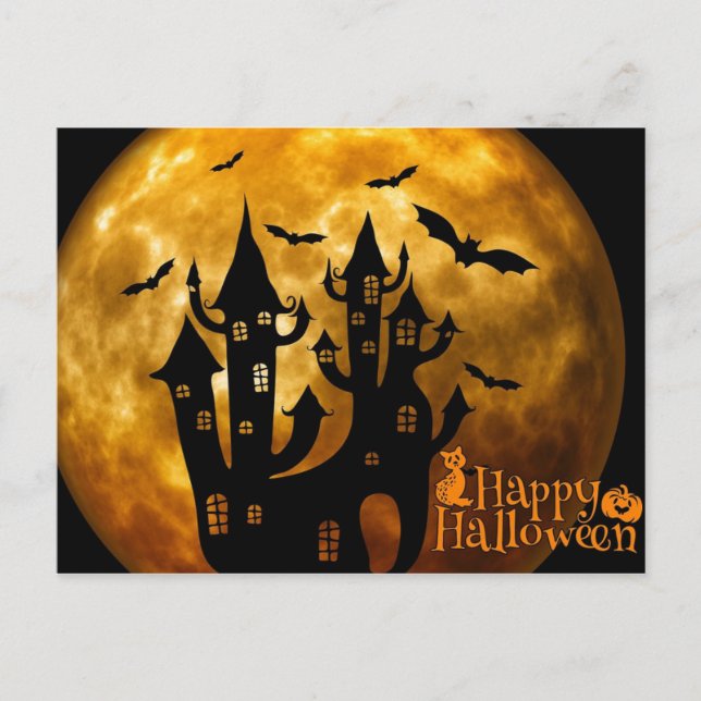 Feliz castelo de Halloween e cartão postal de lua  (Frente)