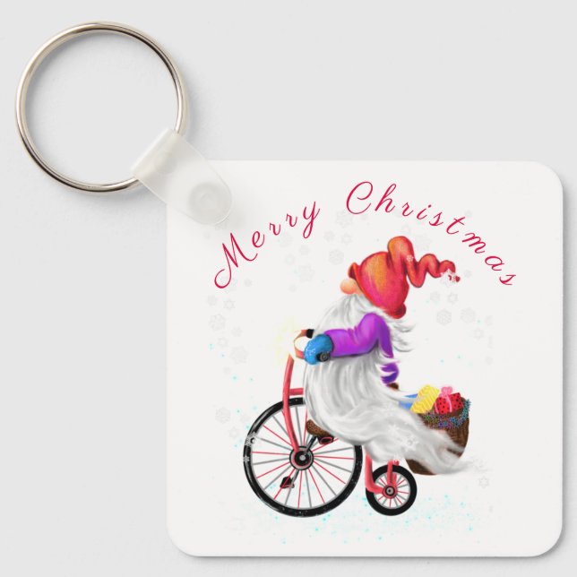 Feliz Chaveiro de Natal Gnomo com bicicleta e pres (Frente)