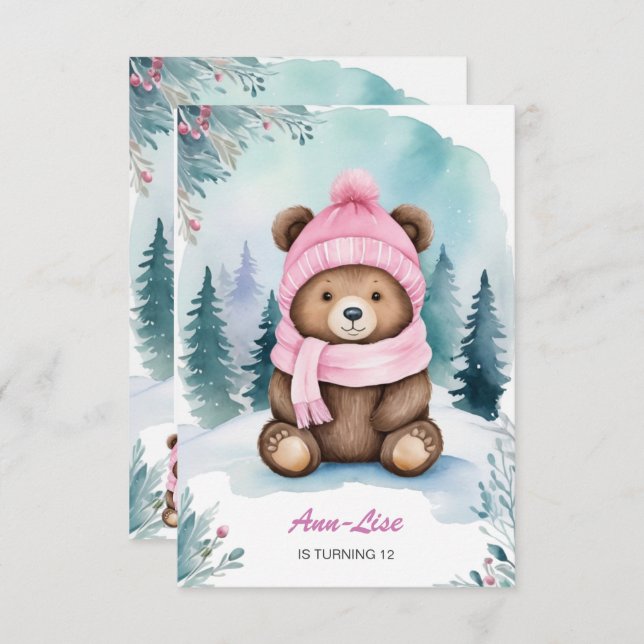 Feliz Convite de Aniversário do Urso Rosa Rosa de  (Frente/Verso)