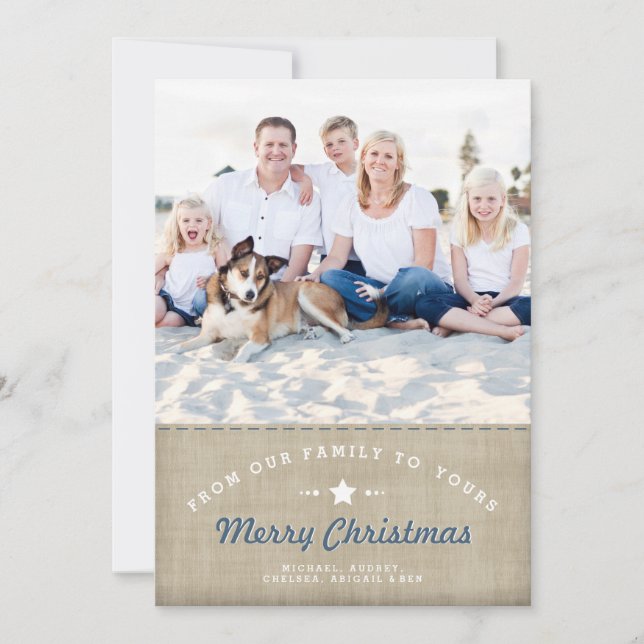 Feliz de Cartão com fotos de Burlap de Natal Russo (Frente)