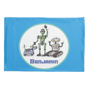 Feliz desenho animado de robôs bonitos em fundo az