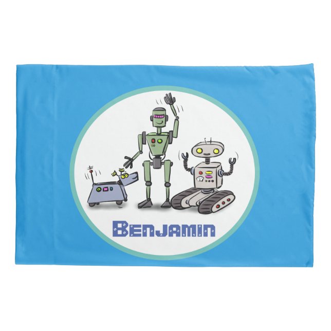 Feliz desenho animado de robôs bonitos em fundo az (Verso)