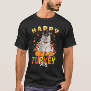Feliz Dia da Turquia Branca Gato Camisetas de Ação
