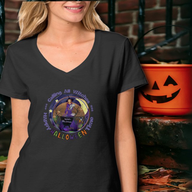Feliz Dia das Bruxas Roxas Camisa de Nascimento (Happy Halloween Purple Witch Birthday T-Shirt)