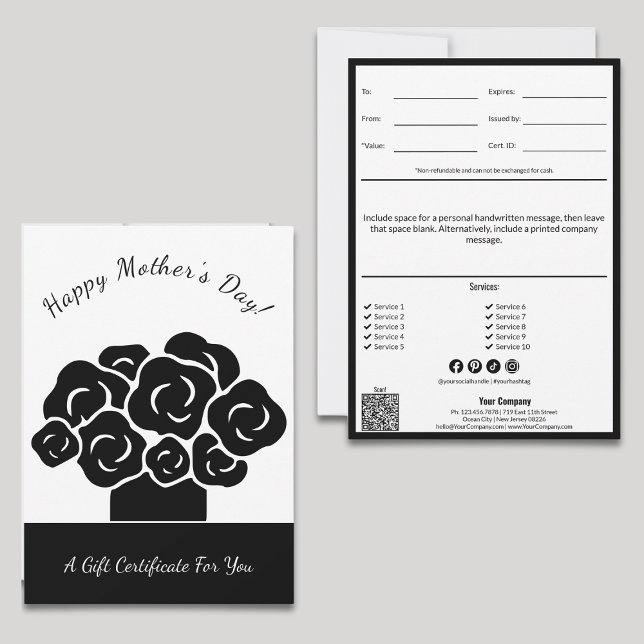 Feliz Dia das Mães Certificado de Presente Preto B (Happy Mother's Day Black White Gift Certificate, Scissors Cut Style, QR code, Service List, SM)