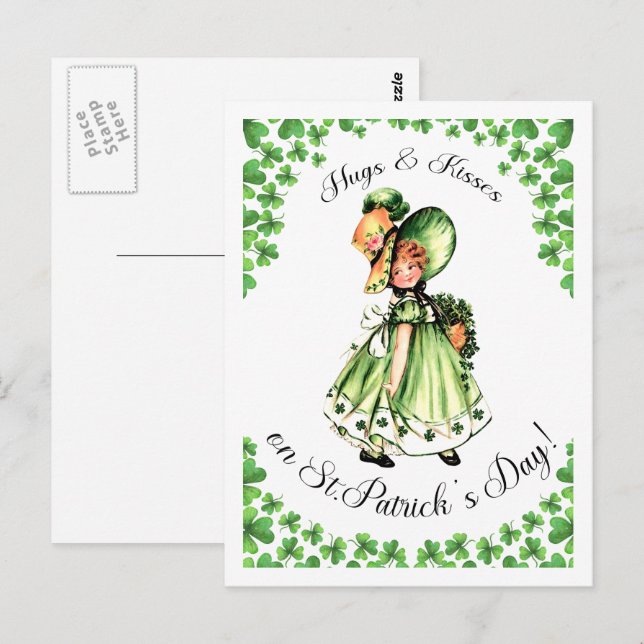 Feliz Dia de São Patrício. Cartão postal de menina (Frente/Verso)