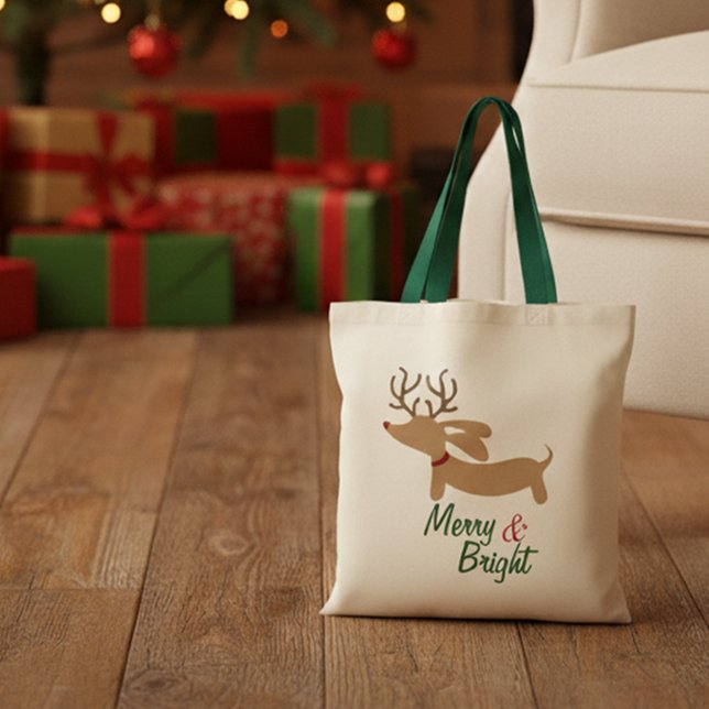 Feliz do Dachshund da rena & o bolsa brilhante do (Merry & Bright Dachshund Christmas tote bag for gifting)