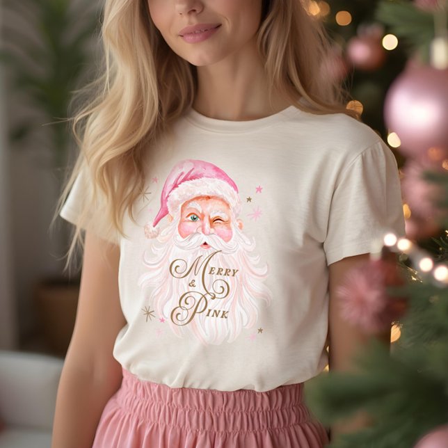 Feliz e cor-de-rosa Papais noeis retrorreflectores (Merry & Pink Classic Christmas Retro Pink Santa Tri-Blend Shirt)