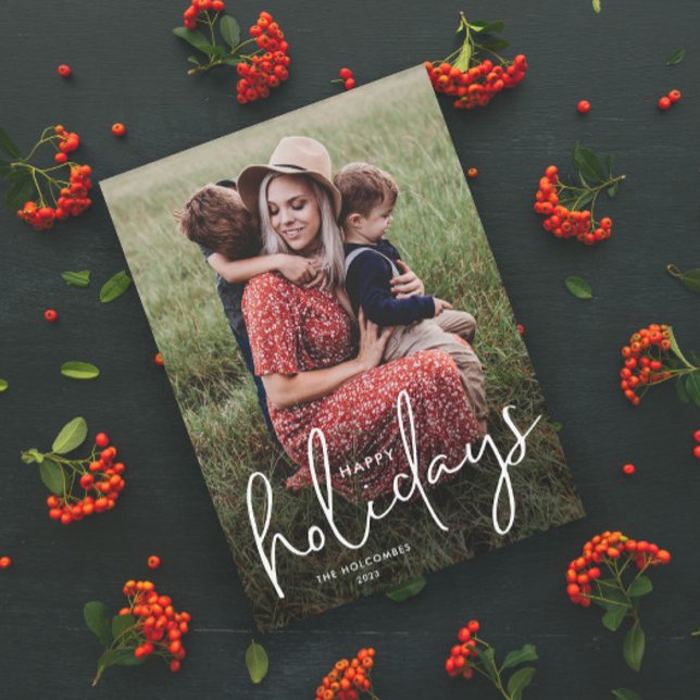Feliz Férias Moderno Simples Foto Magnético (Modern Script Happy Holidays Photo Holiday Magnetic Card with Handwritten Typographic Overlay.)