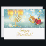 Feliz Festival Hanukkah Dourado Luzes Menorah<br><div class="desc">Feliz Festival Hanukkah decoração festiva com menorah dourada e rosquinhas assadas sobre mesa de madeira, fundo de luzes bokeh, texto de caligrafia e ornamento dourado (um texto e ornamento de folha de ouro - são simulados). Ilustração de Aquarela. Convites e papelaria > Cartões Saudáveis > Férias e Sazais > Chanucá...</div>
