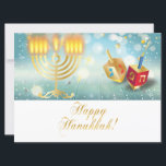Feliz Festival Hanukkah Dourado Luzes Menorah<br><div class="desc">Feliz Festival Hanukkah decoração festiva com menorah dourada e rosquinhas assadas sobre mesa de madeira, fundo de luzes bokeh, texto de caligrafia e ornamento dourado (um texto e ornamento de folha de ouro - são simulados). Ilustração de Aquarela. Convites e papelaria > Cartões Saudáveis > Férias e Sazais > Chanucá...</div>