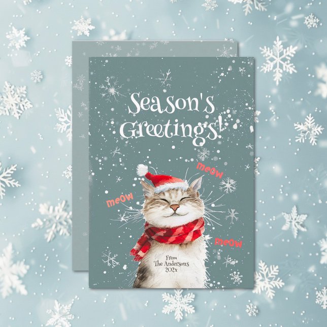Feliz Gato Meow Cartão de Férias Planas de Natal (Happy Cat Season's Greetings flat holiday card)