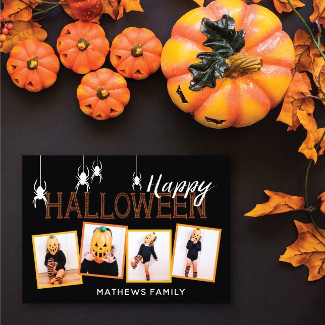 Feliz Halloween 4 Fotografias Aranhas | Cartão (Send out these cute Halloween cards to your friends and family featuring spiders and photo frames.)