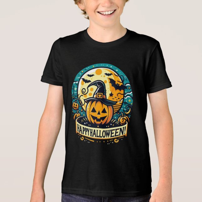 Feliz Halloween Abóbora com Chapéu de Bruxa Lua Ch (Frente)
