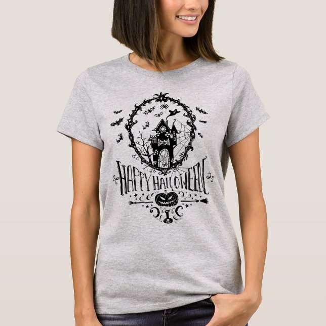 Feliz Halloween, casa assombrada, camiseta assusta (Frente)