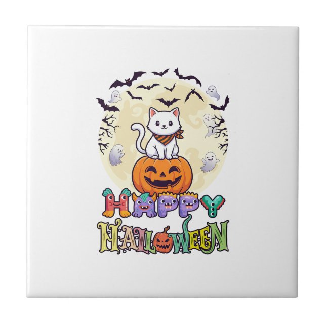 Feliz Halloween Gato Branco Abóbora Lua Morcegos F (Frente)