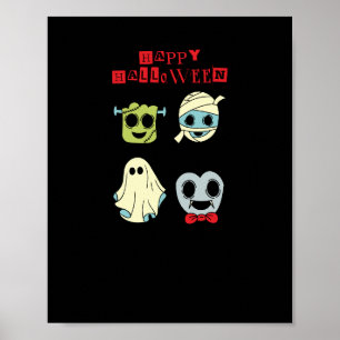 Feliz Halloween Monstros Fofos Poster preto de par