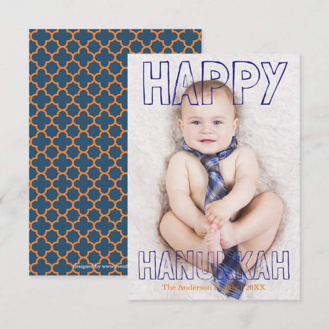 Feliz Hanukkah Bloco Azul - Cartão de Hanukkah 3x5 (Frente/Verso)