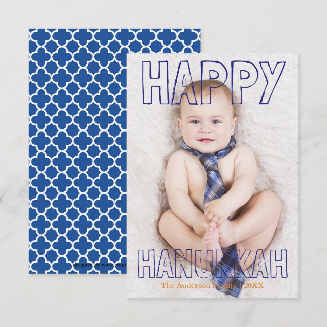Feliz Hanukkah Bloco Azul - Cartão de Hanukkah 3x5 (Frente/Verso)