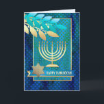 Feliz Hanukkah. Cartões de saudação personalizávei<br><div class="desc">Feliz Hanukkah! Feliz Chanukah! Star of David,  Menorah e Olive Branches Design Cartões de Saudação de Chanucá Personalizáveis com nome e saudação personalizados. Cartões e presentes disponíveis na Categoria Feriados Judeus / Hanukkah da nossa loja.</div>