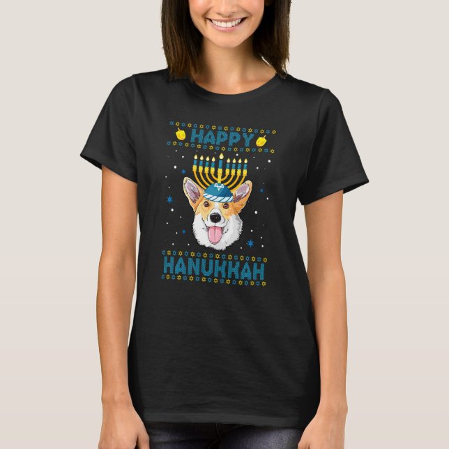 Feliz Hanukkah Corgi Cachorro Suéter Feio de Hanuk (Frente)