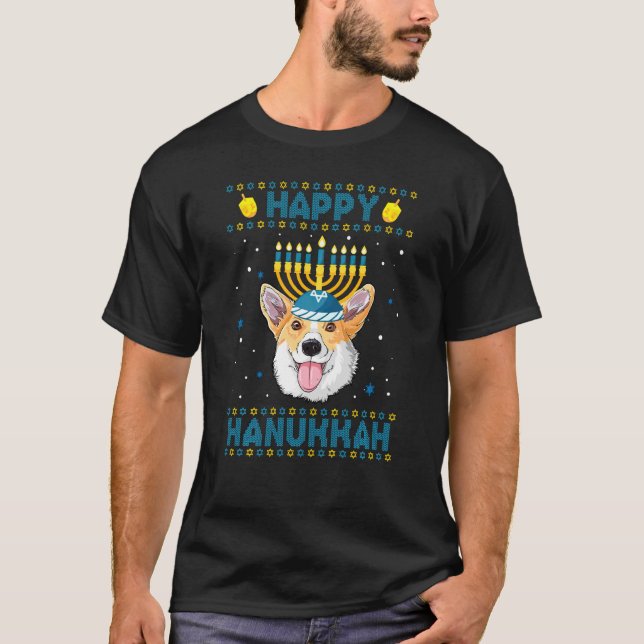 Feliz Hanukkah Corgi Cachorro Suéter Feio de Hanuk (Frente)