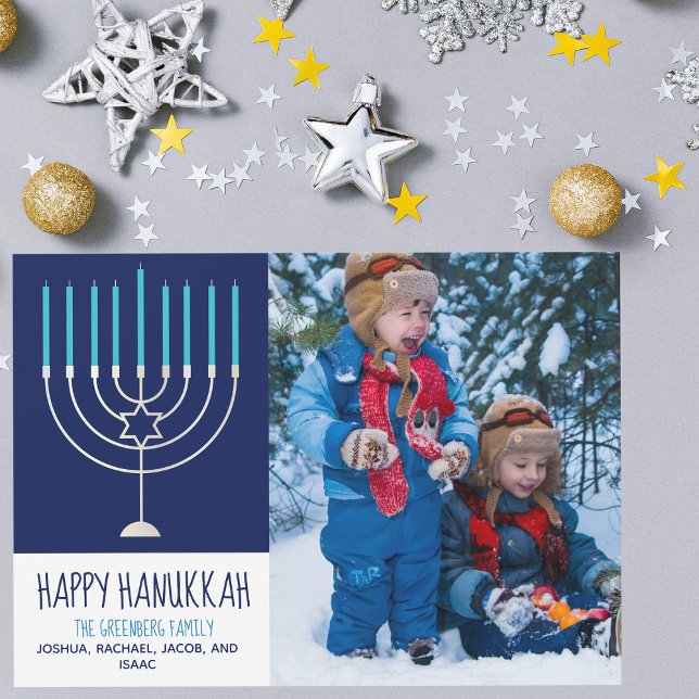 Feliz Hanukkah Família Foto Blue Menorah Card (Criador carregado)