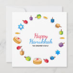 Feliz Hanukkah Foto Moderna Dreidel Nome da Estrel<br><div class="desc">Este design de feriados apresenta o texto "Happy Hanukkah" na tipografia moderna, vermelha e azul, rodeada de sonhos, moedas de ouro, estrelas e suganiyah. Personalizado com seu nome e foto favorita no verso. #hanukkah #chanukah #feriados #sazonal #festivo #moderno #dreidel #star #gold #starofdavid #design #designer #cards #cumprimentos #cartões #papelaria #cartões de...</div>