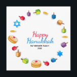 Feliz Hanukkah Foto Moderna Dreidel Nome da Estrel<br><div class="desc">Este design de feriados apresenta o texto "Happy Hanukkah" na tipografia moderna, vermelha e azul, rodeada de sonhos, moedas de ouro, estrelas e suganiyah. Personalizado com seu nome e foto favorita no verso. #hanukkah #chanukah #feriados #sazonal #festivo #moderno #dreidel #star #gold #starofdavid #design #designer #cards #cumprimentos #cartões #papelaria #cartões de...</div>