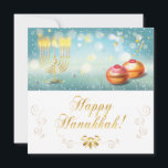 Feliz Hanukkah Frstival festivo Dourado Carrinho M<br><div class="desc">Feliz Festival Hanukkah decoração festiva com menorah dourada e rosquinhas assadas sobre mesa de madeira, fundo de luzes bokeh, texto de caligrafia e ornamento dourado (um texto e ornamento de folha de ouro - são simulados). Ilustração de Aquarela. Convites e papelaria > Cartões Saudáveis > Férias e Sazais > Chanucá...</div>