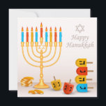 Feliz Hanukkah Menorah Dreidel Moins Dourados<br><div class="desc">Esta design de feriados apresenta uma menorah com sonhos e moedas de ouro. O texto "Happy Hanukkah" está escrito em um roteiro de caligrafia moderno com a Estrela de David acima. #hanukkah #chanukah #feriados #sazonal #festivo #menorah #dreidel #moedas #ouro #starofdavid #estrela #moderna #tendências #estilo #na moda #popularidade #design #designer #cumprimentos...</div>