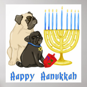 Feliz Hanukkah Pugs e Poster Menorah - Personaliza
