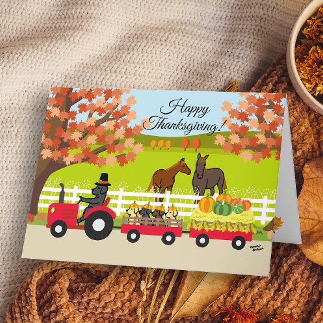 Feliz Ministro Labradores e Cartão Trator (Happy Thanksgiving Labrador and Tractor Design Card for Black Labrador Owners.)
