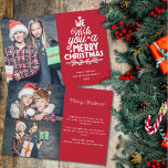 Feliz Natal 3 fotos da família vermelha Cartão de<br><div class="desc">Cartão de cartões de natal moderno, personalizável com um dos seus retratos de Natal favoritos na frente, ao lado de uma adorável legenda de letras brancas que diz "nós desejamos um feliz Natal" sobre um fundo vermelho comum. No verso do cartão, você pode carregar mais duas fotos e sua mensagem...</div>