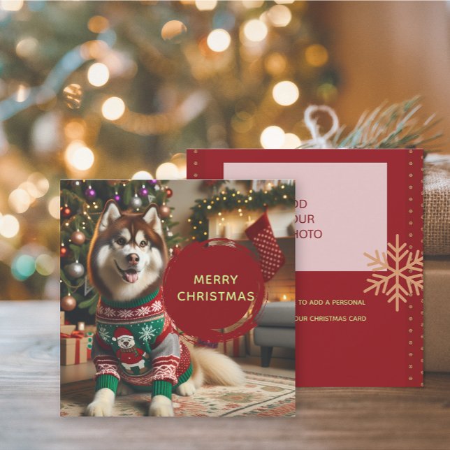 Feliz Natal Acrescentar Até 2 Fotografias Cartão D (The front and back of the Siberian Husky Christmas Holiday photo greeting card)