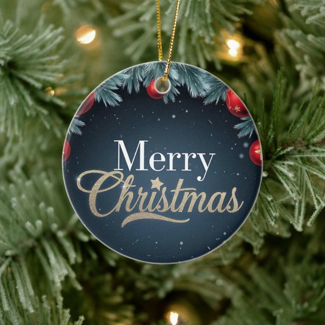 Feliz Natal Azul Escuro e Ornamento Vermelho (Árvore)