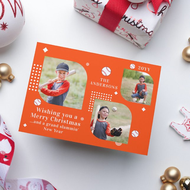 Feliz Natal Baseball Sport 3 Photo Family Name (Criador carregado)