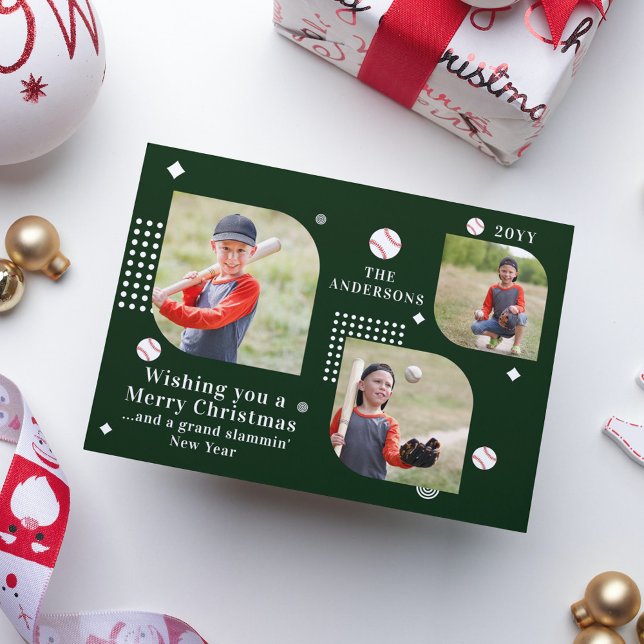Feliz Natal Baseball Sport 3 Photo Family Name (Criador carregado)