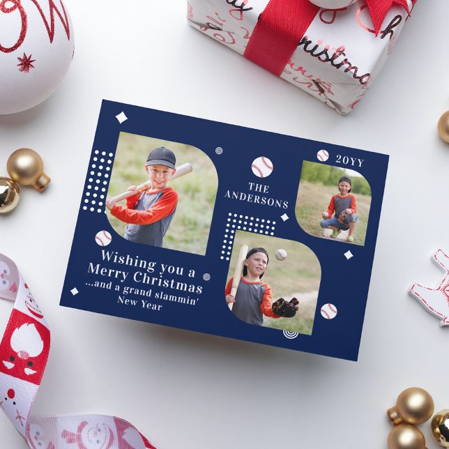 Feliz Natal Baseball Sport 3 Photo Family Name (Criador carregado)