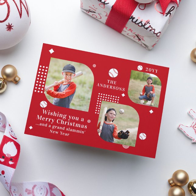 Feliz Natal Baseball Sport 3 Photo Family Name (Criador carregado)