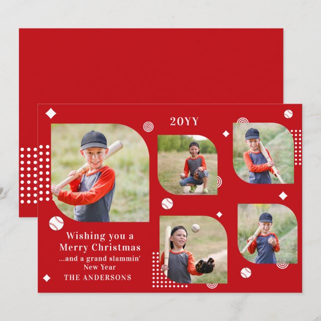 Feliz Natal Baseball Sport 5 Photo Family Name (Frente/Verso)